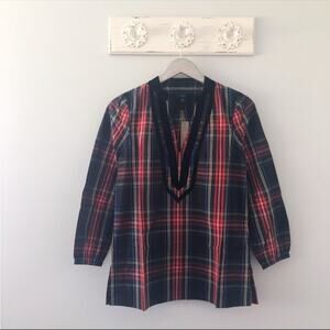 J. Crew Velvet Trimmed V Neck Tunic Top in Black Stewart Tartan Plaid NEW